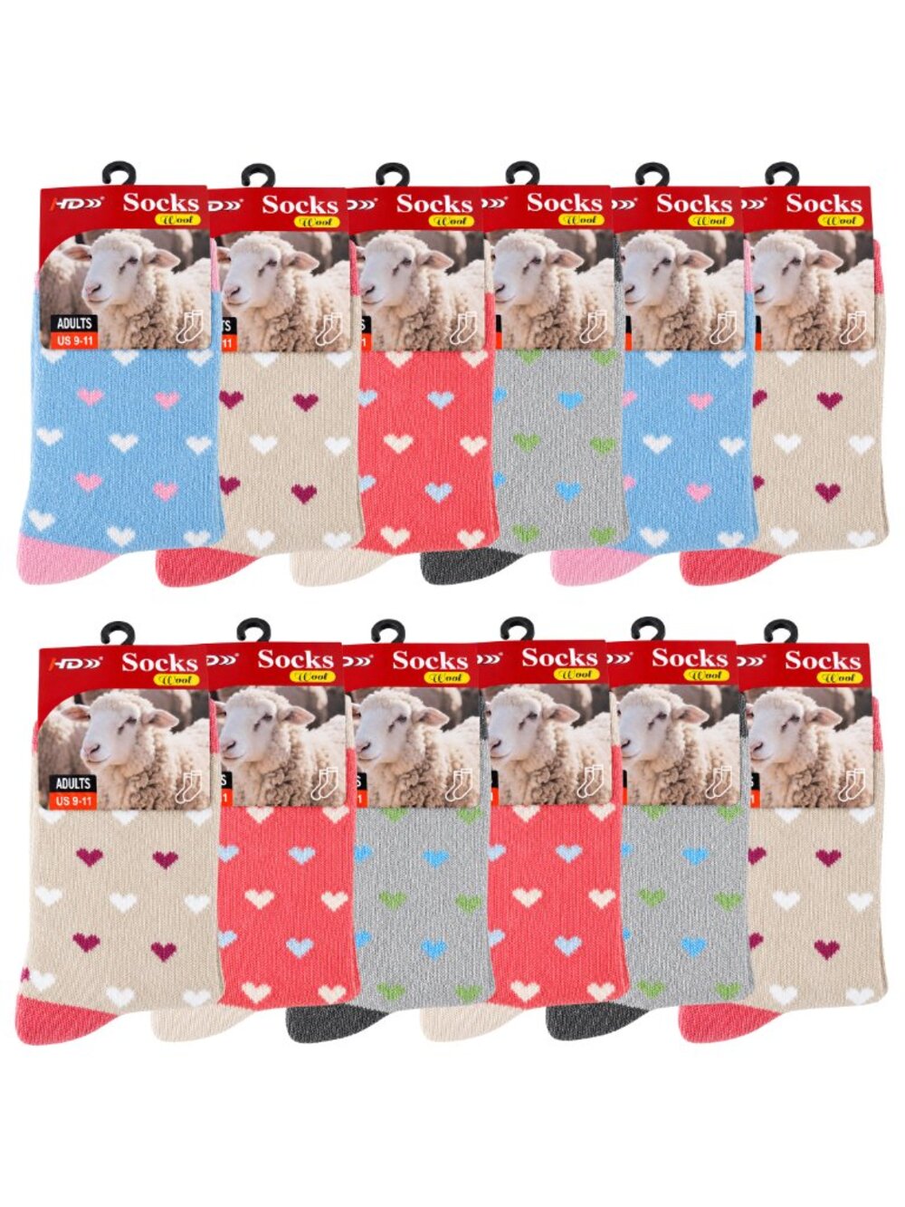 Women's Wool Socks 12-Pack Size 9-11 Warm Cozy Winter Crew Hearts Print Gift Set